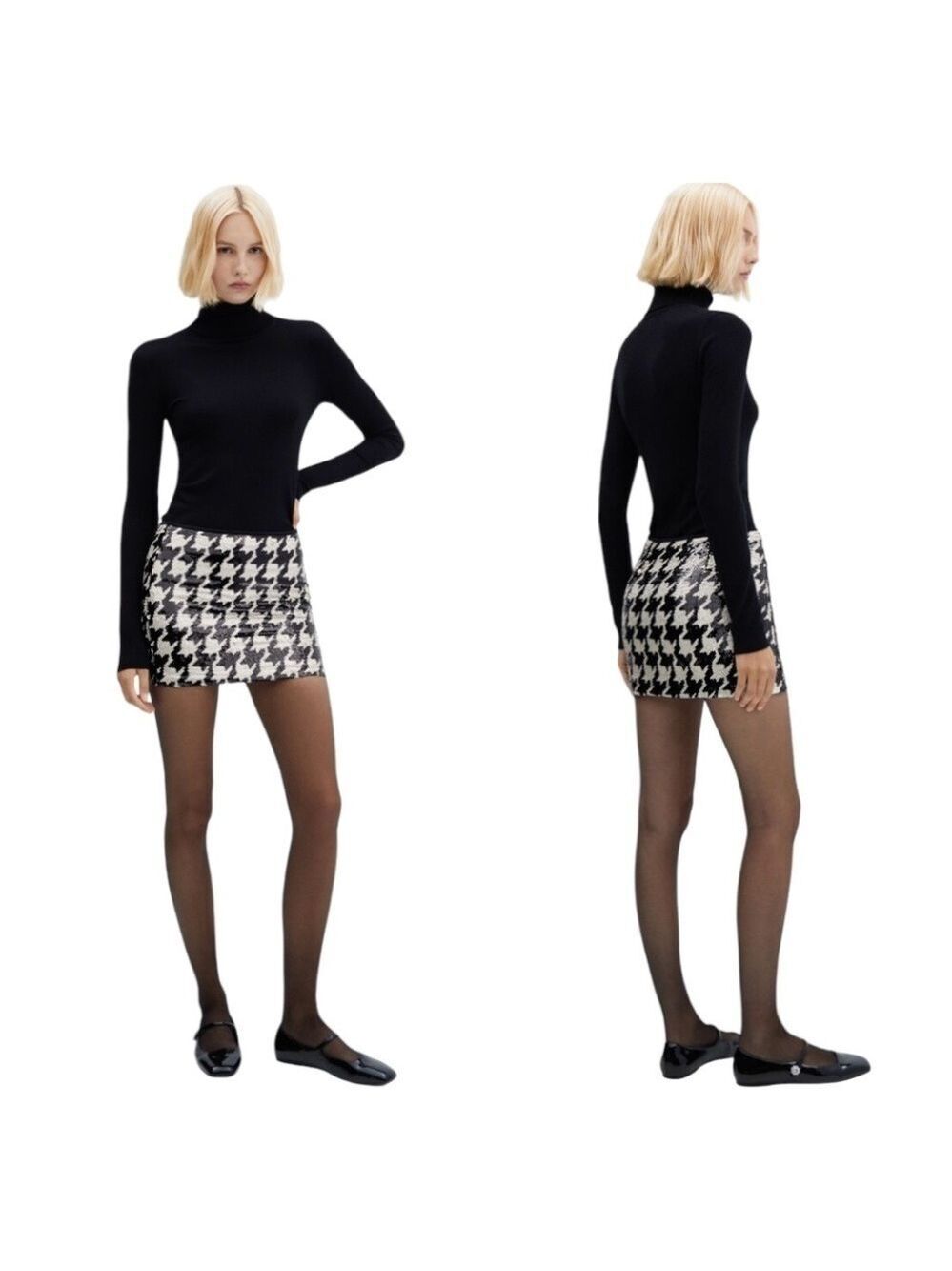 MANGO Black & White Houndstooth Sequin Mini Skirt Side Zipper US Sz S